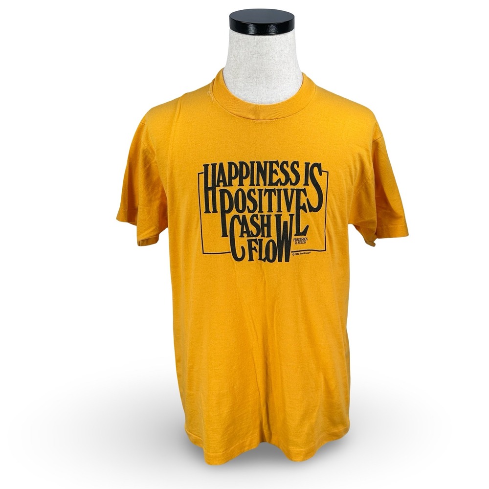 Vintage 1982 Happiness Positive Cash Flow Frederick Adler T-Shirt Gold Men L USA